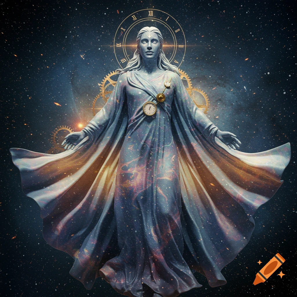 A majestic statue-like figure draped in a cosmic gown, surrounded by stars, gears, and clocks, with a Roman numeral clock face behind her head.