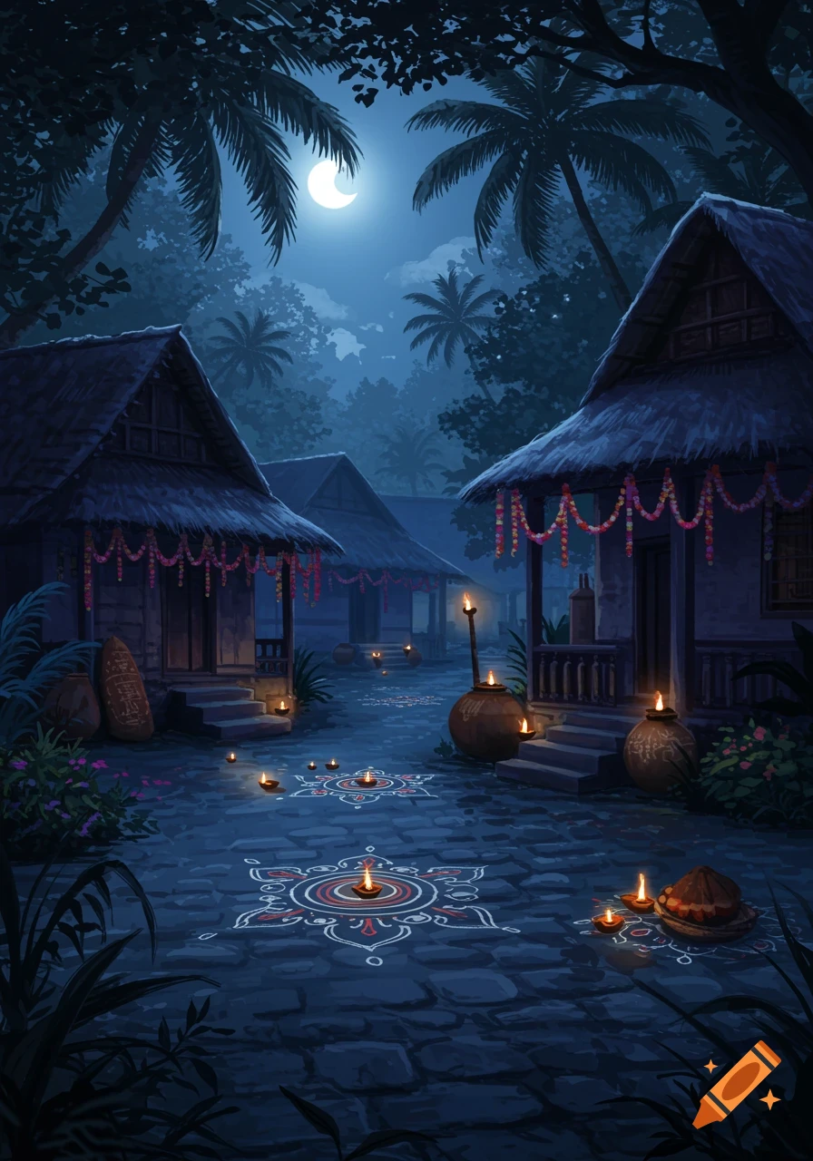 A moonlit night scene in a traditional Indian village, with thatched-roof houses, palm trees, and pathways lit by numerous small oil lamps and decorative patterns on the ground.