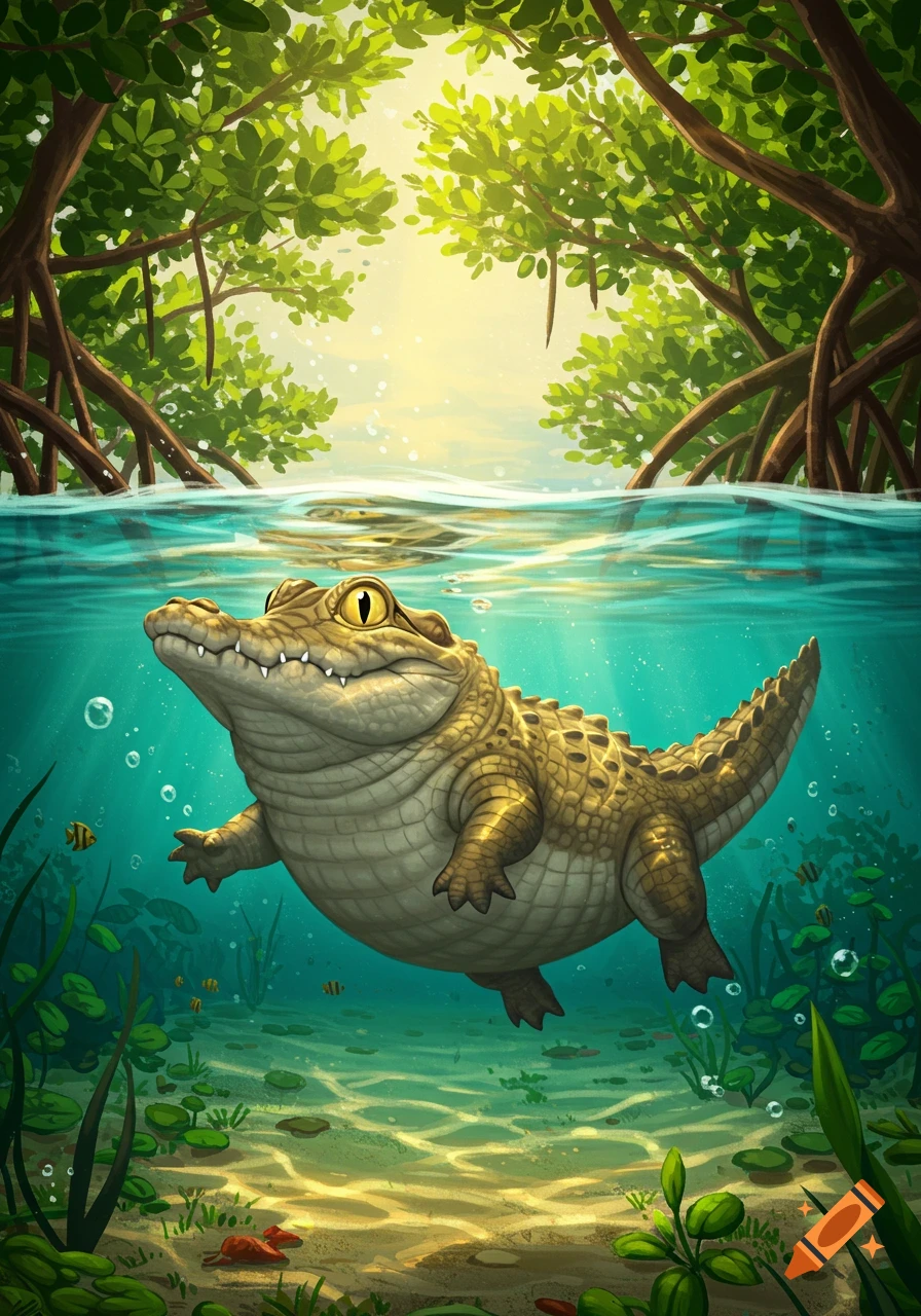 A chubby cartoon baby crocodile swims underwater in a sunny mangrove environment with fish and plants.
