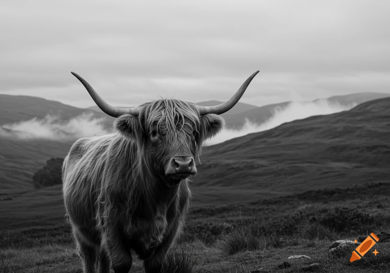 A black and white photo of a shaggy Highland cow with long horns standing in a hilly landscape with misty mountains.