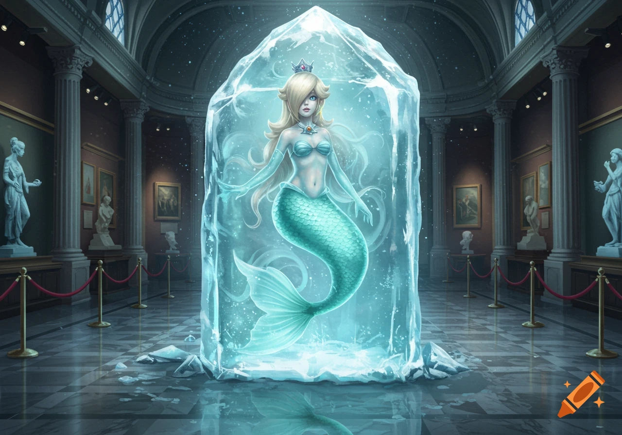 Mermaid Rosalina, with blonde hair and a crown, encased in a shimmering block of ice within a grand museum hall.