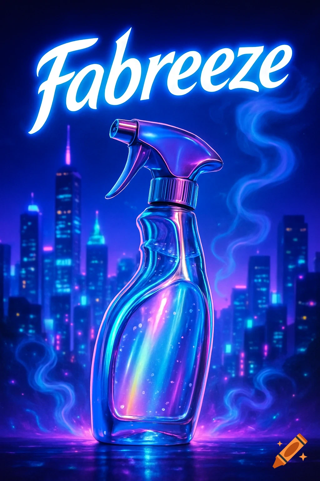 A glowing, futuristic Fabreeze spray bottle in front of a neon blue and purple city skyline.