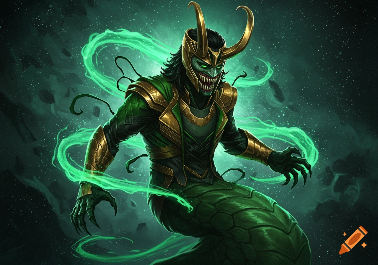 A monstrous, green Loki creature with snake-like body, golden armor, sharp teeth, and glowing green energy in a dark, cosmic setting. Digital art.