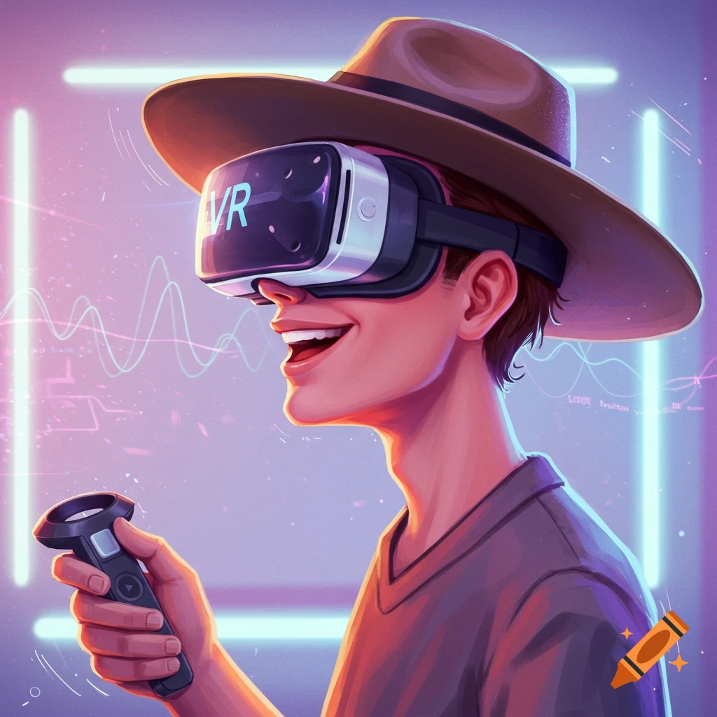 Animated guy smiling, wearing a hat and VR headset, holding a VR remote in a futuristic neon setting. Side profile.