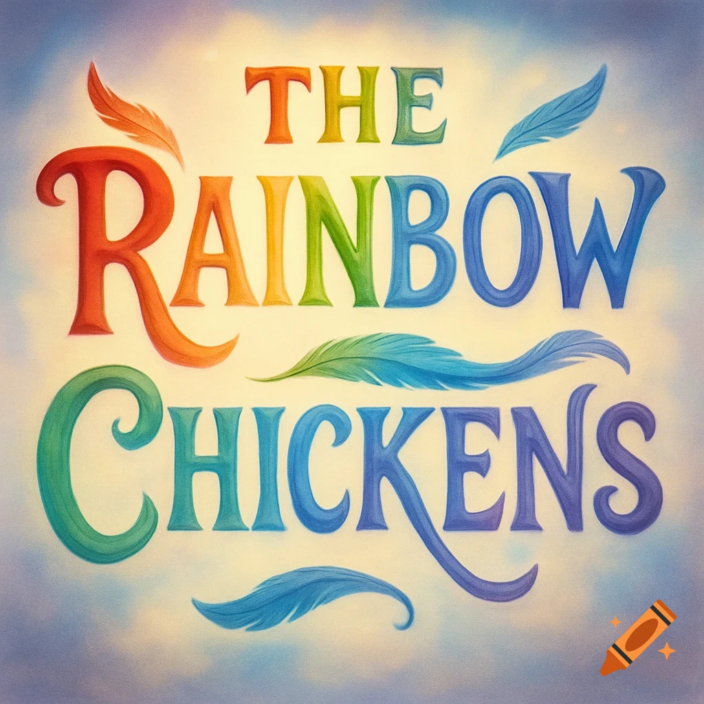 Stylized rainbow-colored text reads "The Rainbow Chickens" with feather decorations on a cloudy background.