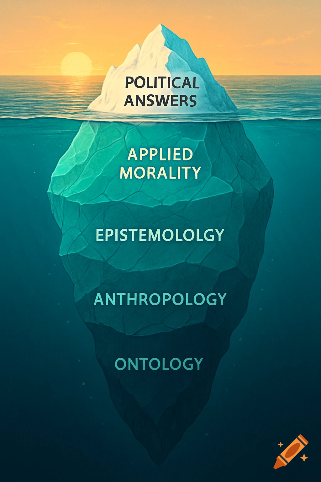 An iceberg diagram illustrates a hierarchy of concepts: Political Answers (tip), Applied Morality, Epistemololgy, Anthropology, and Ontology underwater.