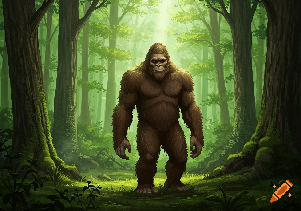 A large, brown, hairy Bigfoot creature stands in the center of a lush green forest with tall trees and glowing light from above.