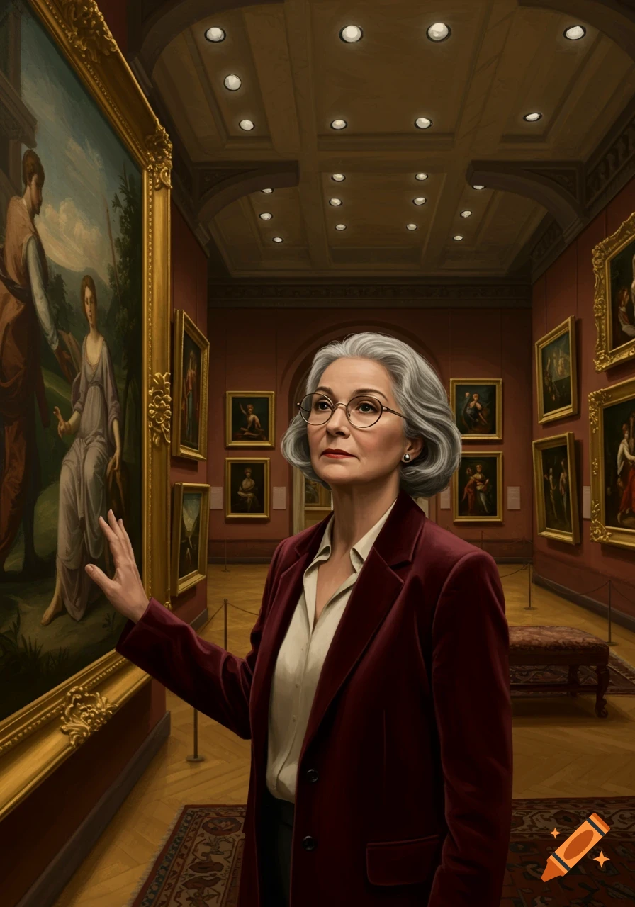 A gray-haired woman in a red velvet jacket looks intently at a large painting in an art museum.