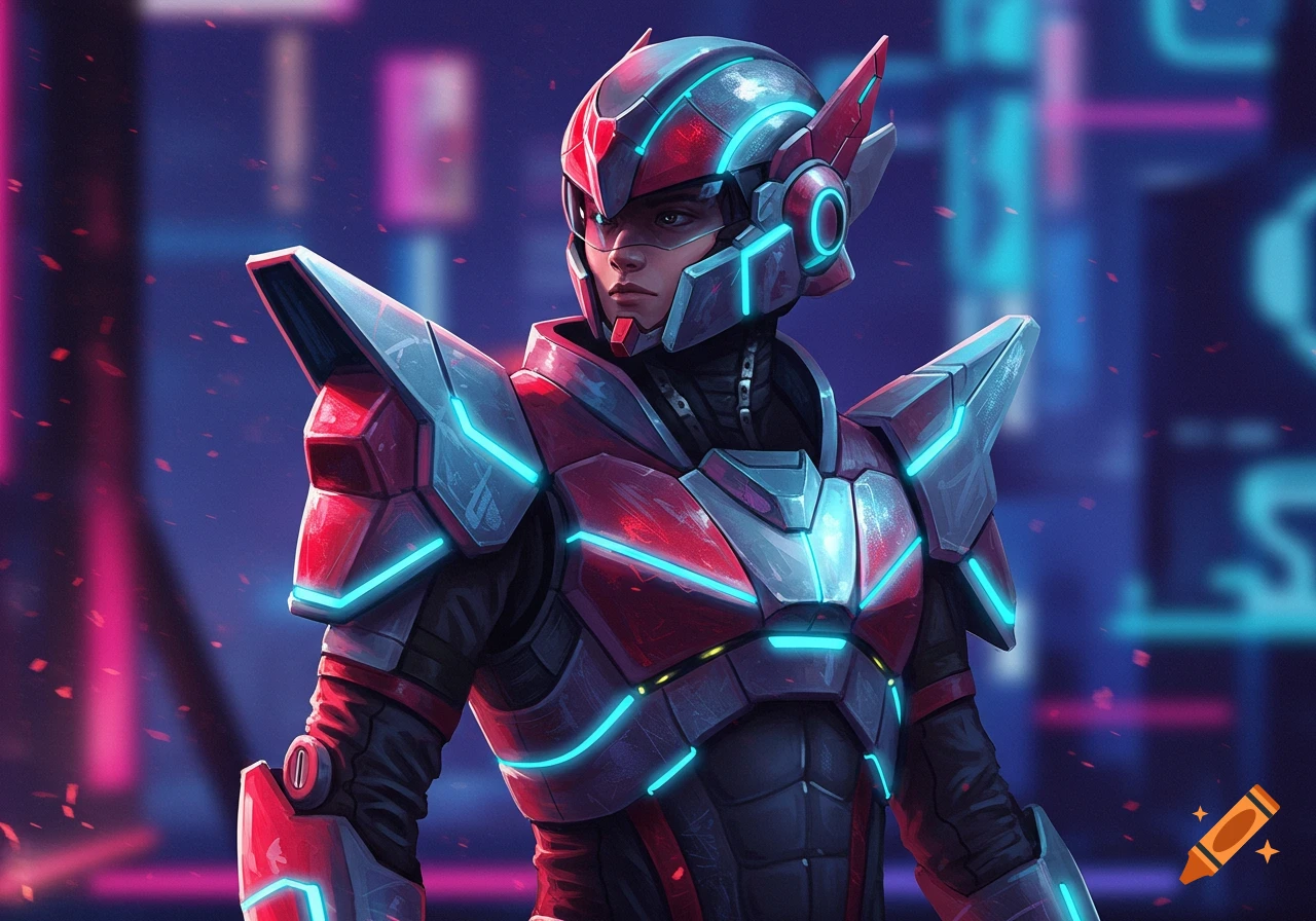 A person in red and silver sci-fi armor with glowing blue accents and a helmet, in a 90s anime style.
