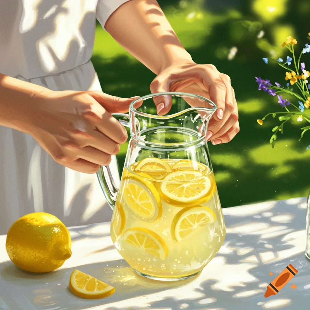 Hands hold a clear glass pitcher filled with lemonade and lemon slices on an outdoor table on a sunny day.