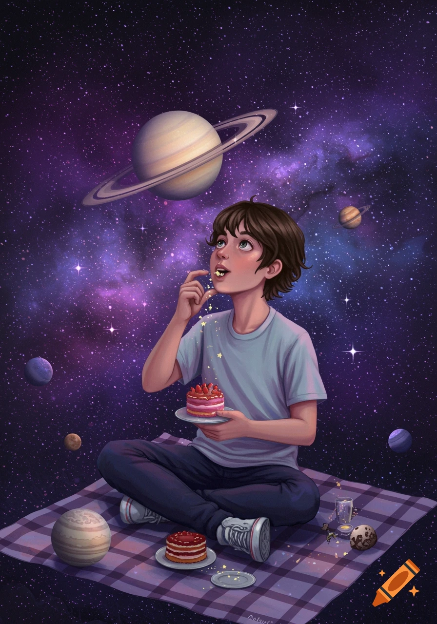 A young person sits on a picnic blanket in a starry galaxy, eating cake with planets like Saturn floating nearby. The image is an illustration.