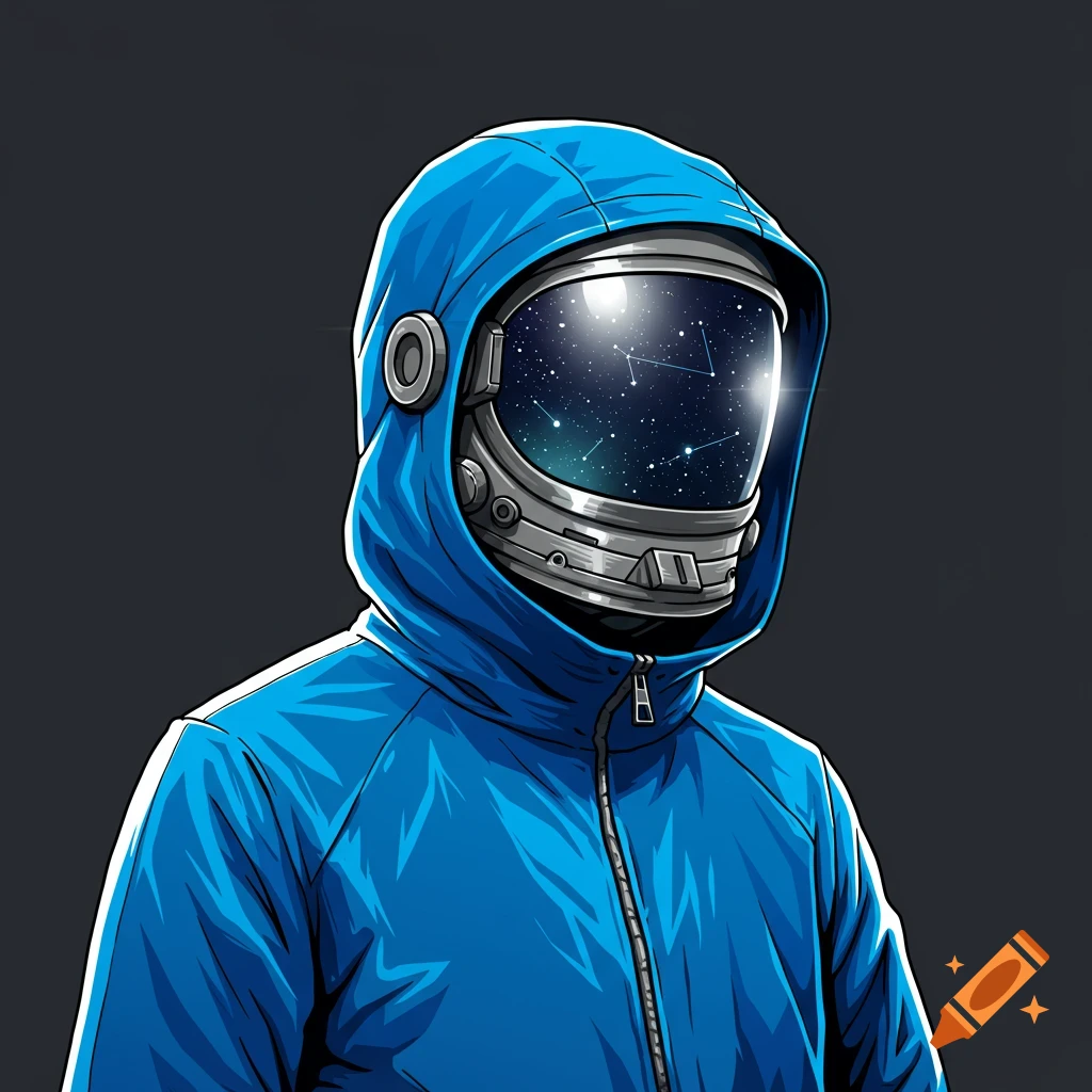 A vector art illustration of a person in a blue hoodie with an astronaut helmet showing a starry sky inside the visor.