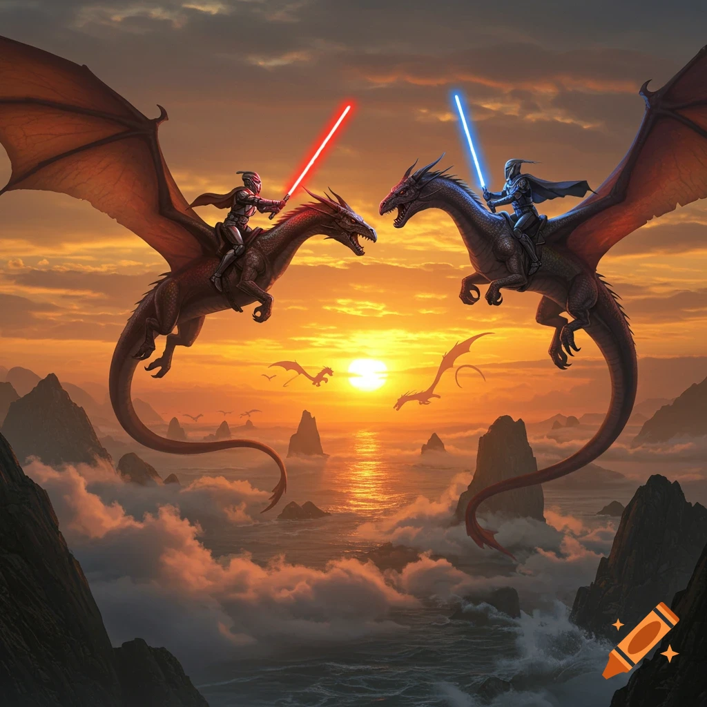 Two armored riders on dragons engage in a lightsaber duel above a misty, mountainous ocean at sunset.
