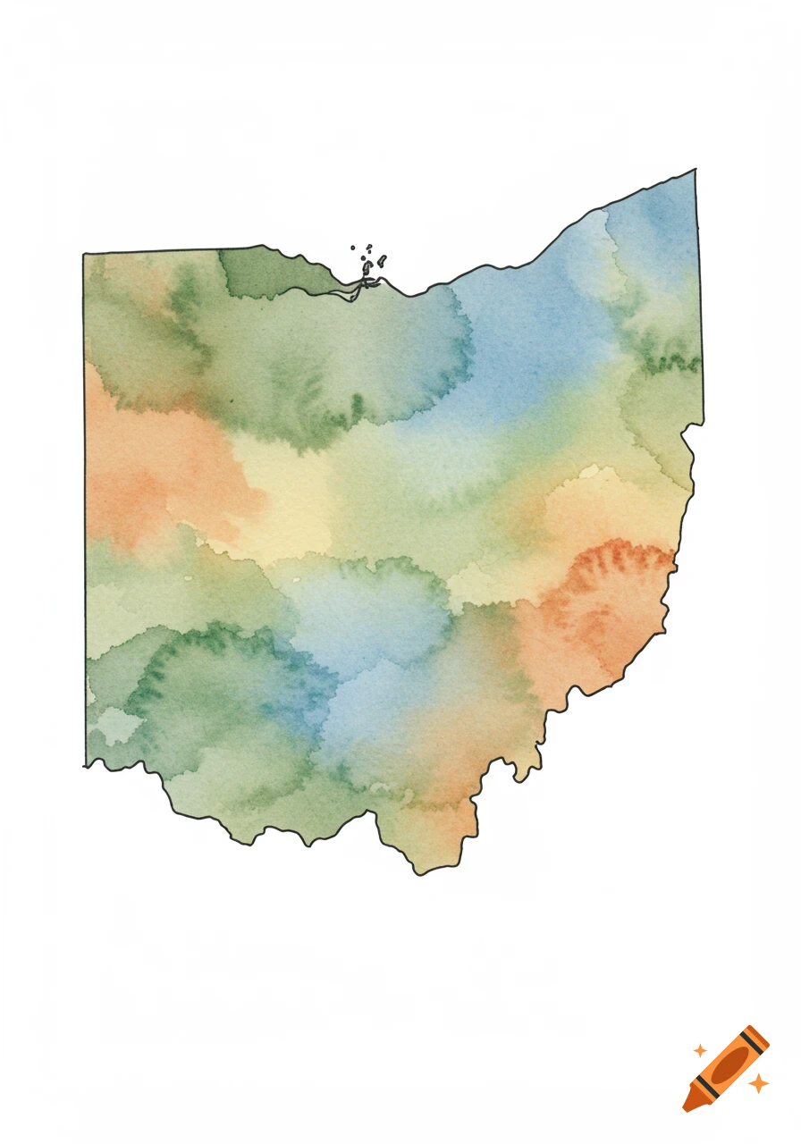 A watercolor map of the state of Ohio with a black pen outline, featuring colorful blotches of green, orange, yellow, and blue.