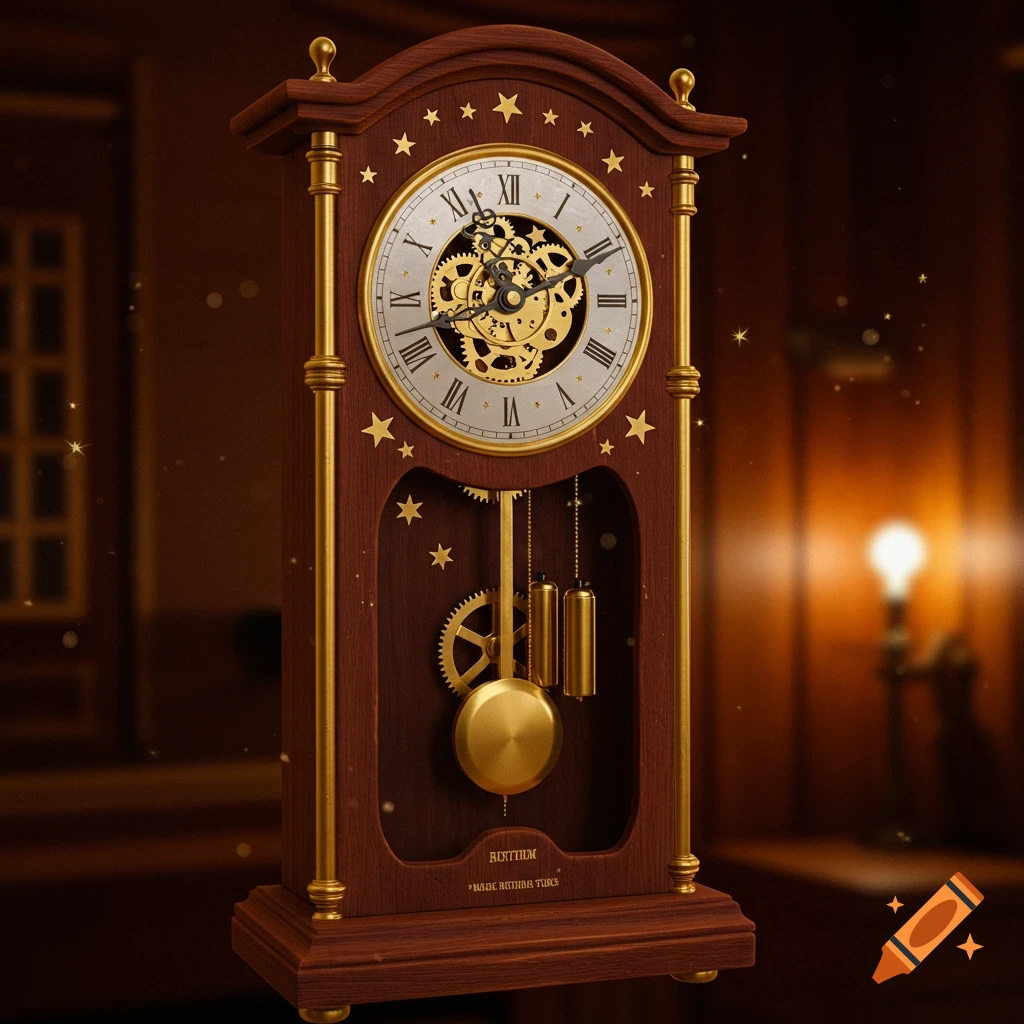 A detailed, photorealistic wooden grandfather clock with golden accents and Roman numerals stands in a dimly lit room.