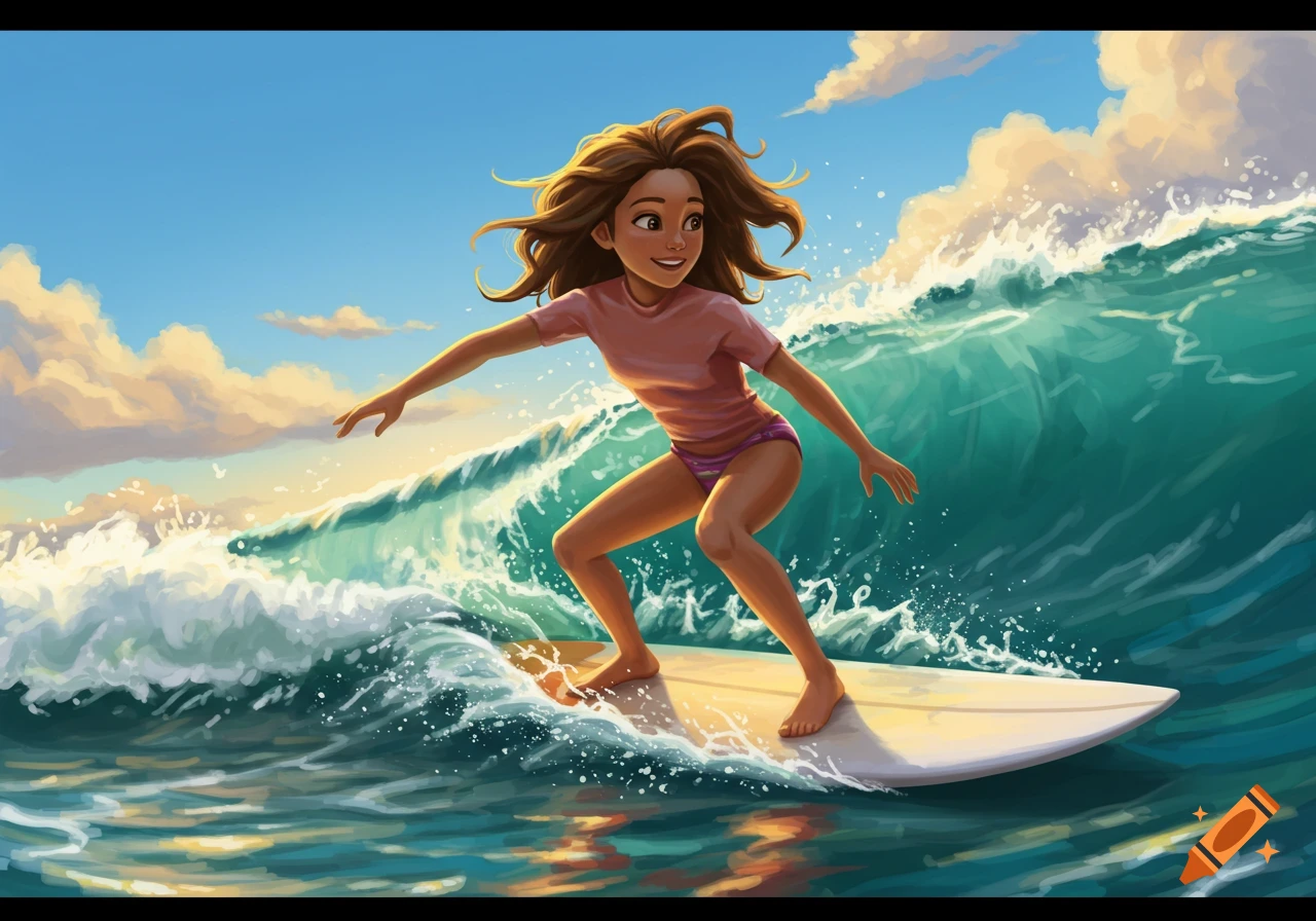 A cartoon girl with brown hair surfs on a surfboard on a large wave under a blue sky.