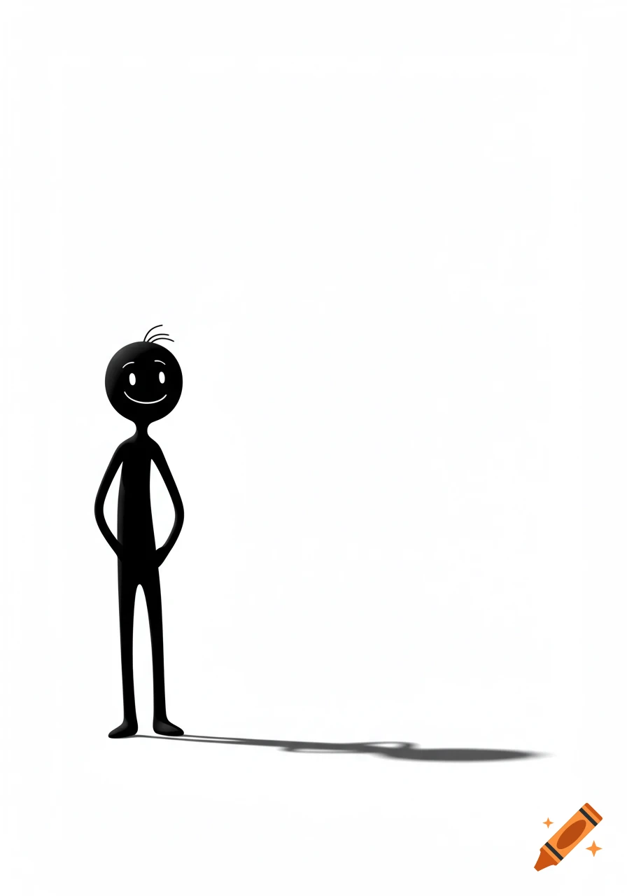A black stickman figure with a white smiling face stands on a white background, casting a shadow.