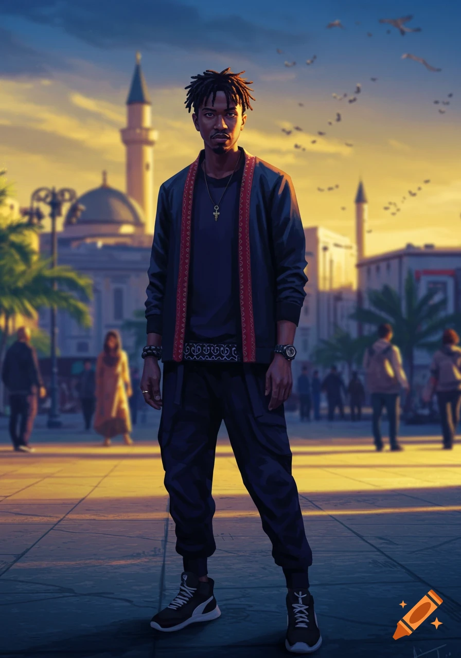 A man with dreadlocks stands in an urban street at sunset, with a mosque visible in the background. Digital art style.