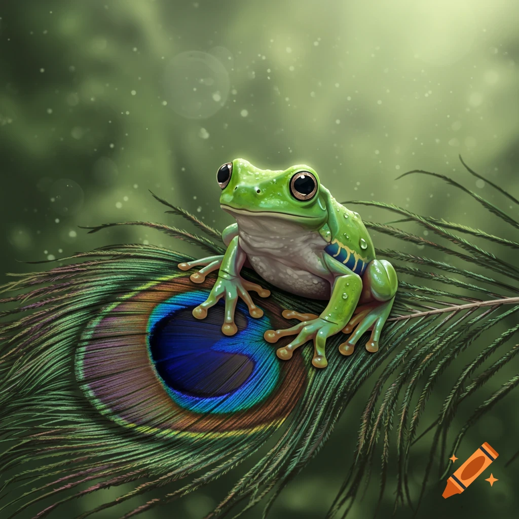 A vibrant green frog with large eyes sits on a colorful peacock feather against a soft green, bokeh background.