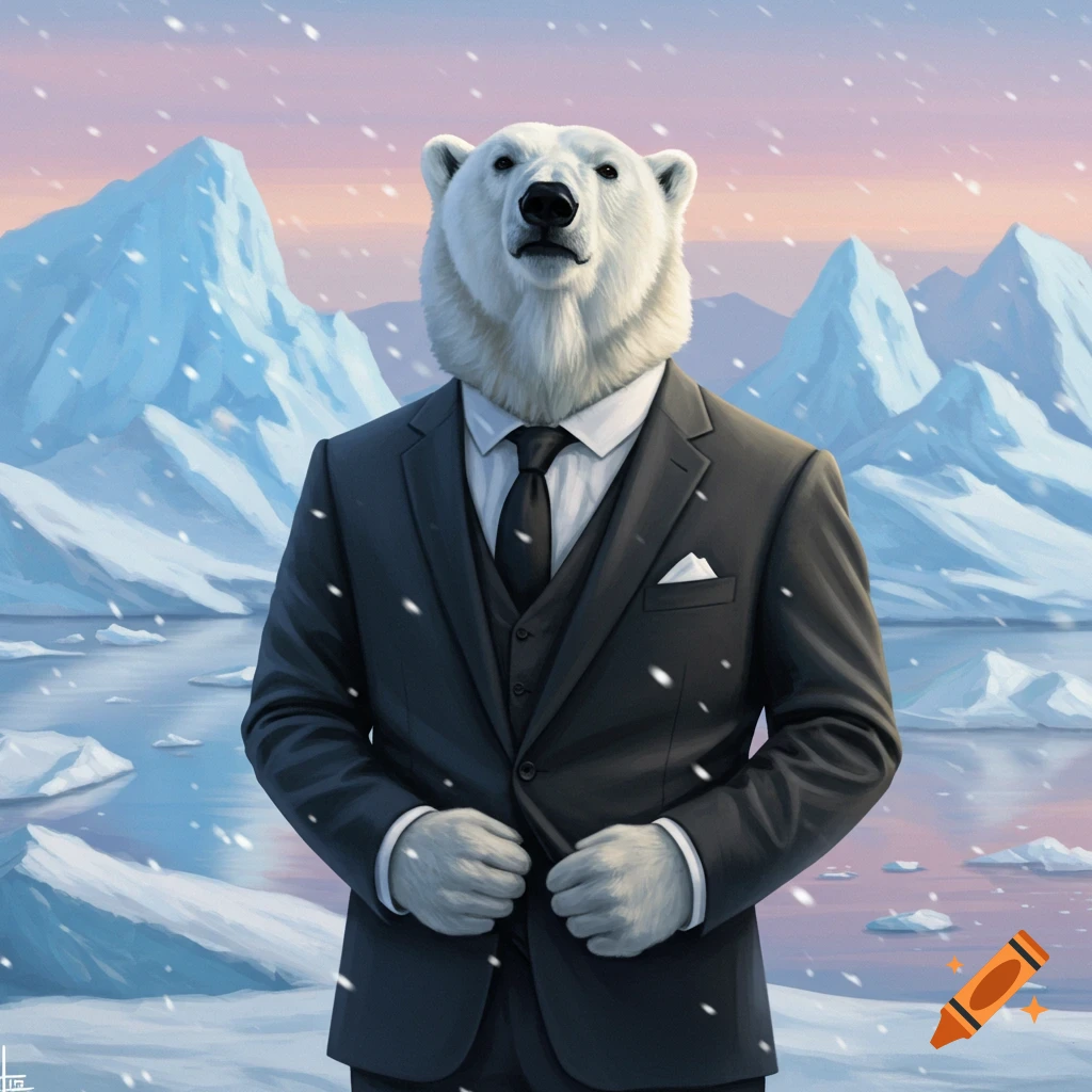 A polar bear in a dark suit and tie stands in front of snowy mountains and a frozen lake under a soft pink and blue sky, with snow falling.