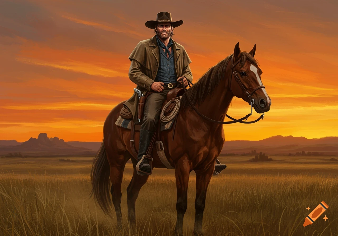 A cowboy on a horse in a vast field at sunset, digital painting.