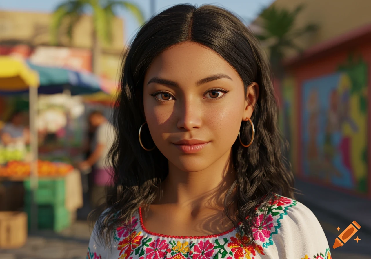 Close-up photorealistic portrait of a young Latina woman with long dark hair and gold hoop earrings, wearing a white embroidered blouse, in a sunny outdoor market.