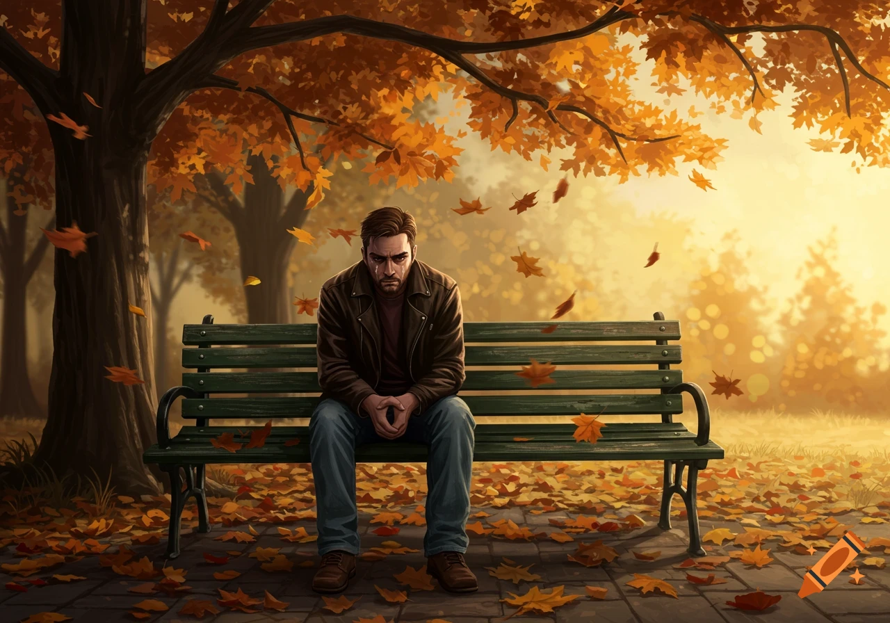 A sad man sits alone on a park bench amidst falling autumn leaves, with a tear running down his cheek.
