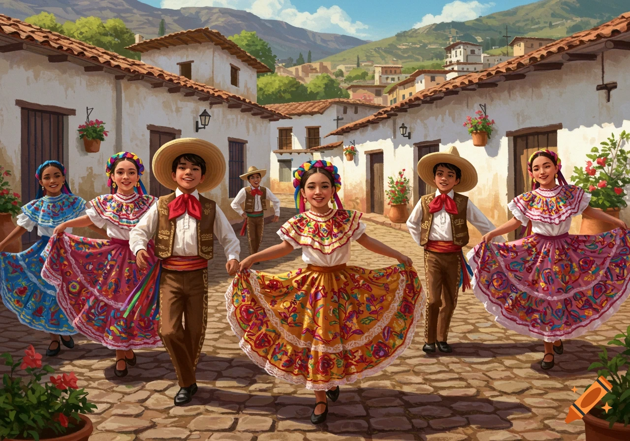Children in vibrant traditional Mexican folk dance attire pose on a cobblestone street in a sunny village with mountains in the background.