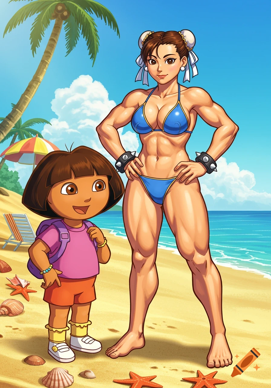 Dora the Explorer stands next to a muscular Chun-Li in a blue bikini on a sunny beach, cartoon style.