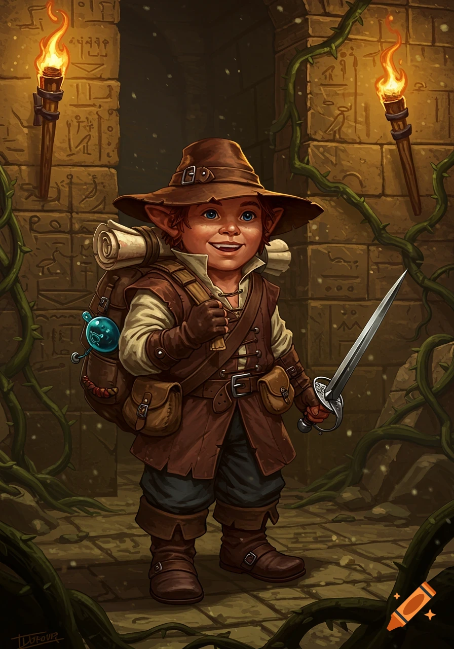 A cheerful D&D halfling archeologist with a backpack and hat, holding a rapier, stands in a torchlit stone dungeon.