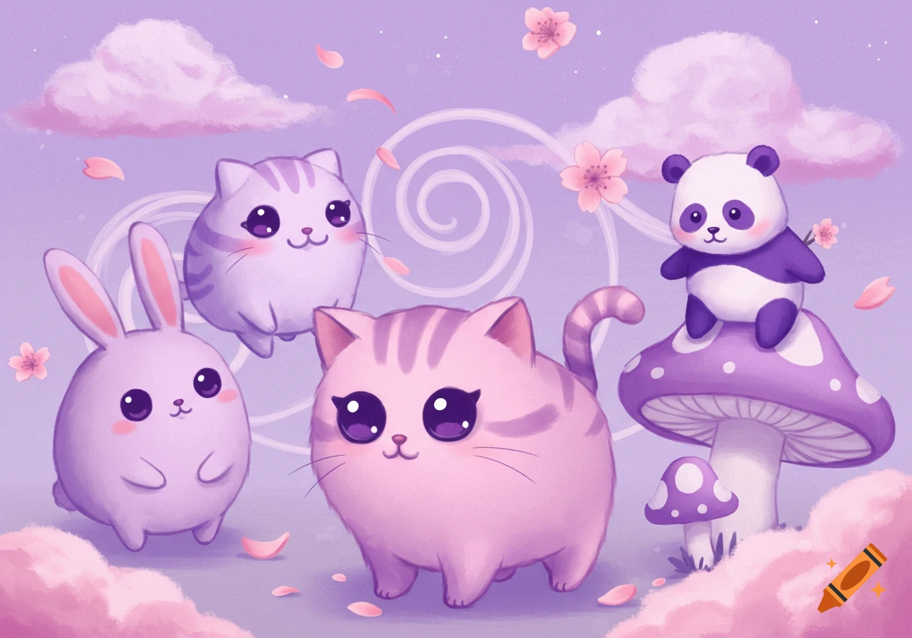 Cute kawaii purple animals including cats, a rabbit, and a panda on a mushroom, in a dreamy pastel landscape.