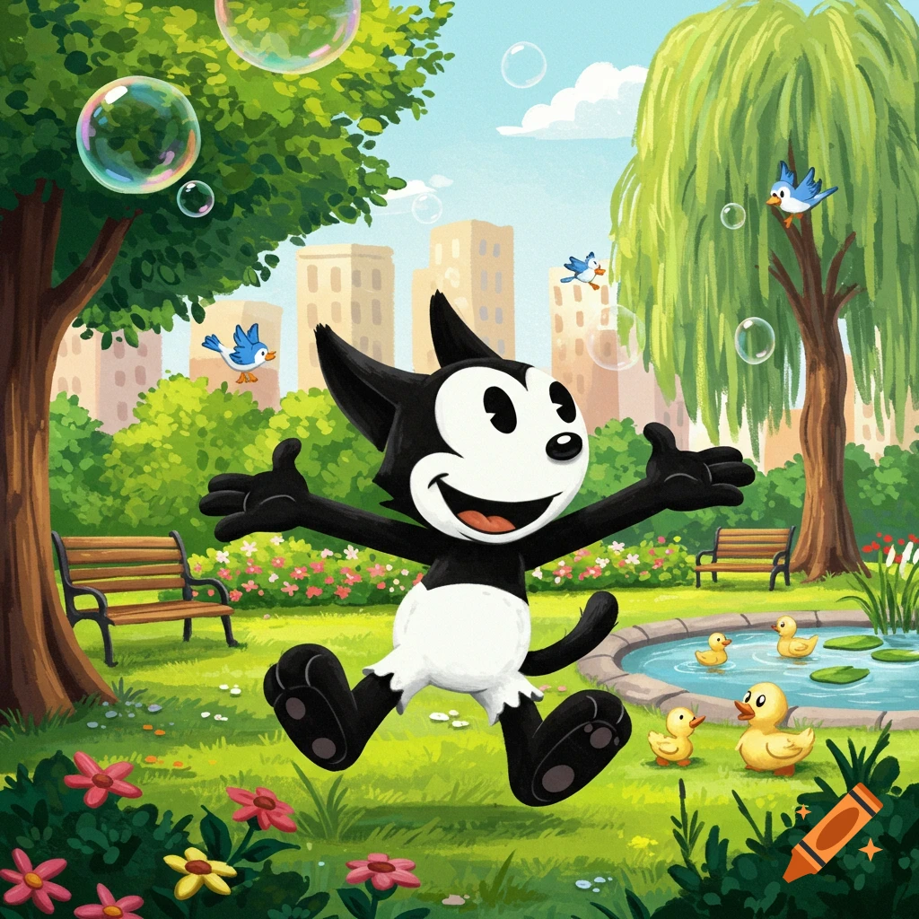 A happy black and white cartoon character, resembling Felix the Cat, jumps through a vibrant green park with bubbles, ducks, and birds.