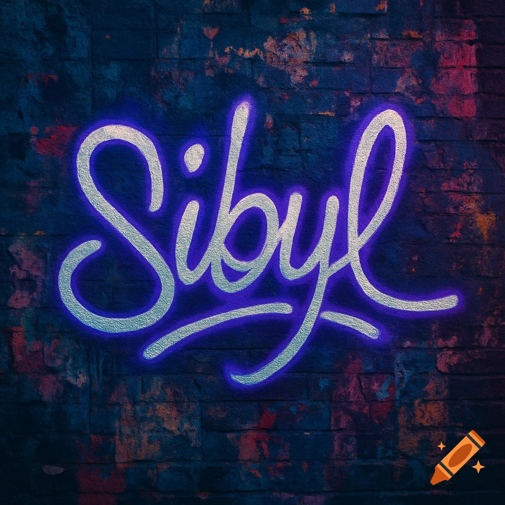The word Sibyl rendered in bright, glowing purple neon script on a dark, textured brick wall.