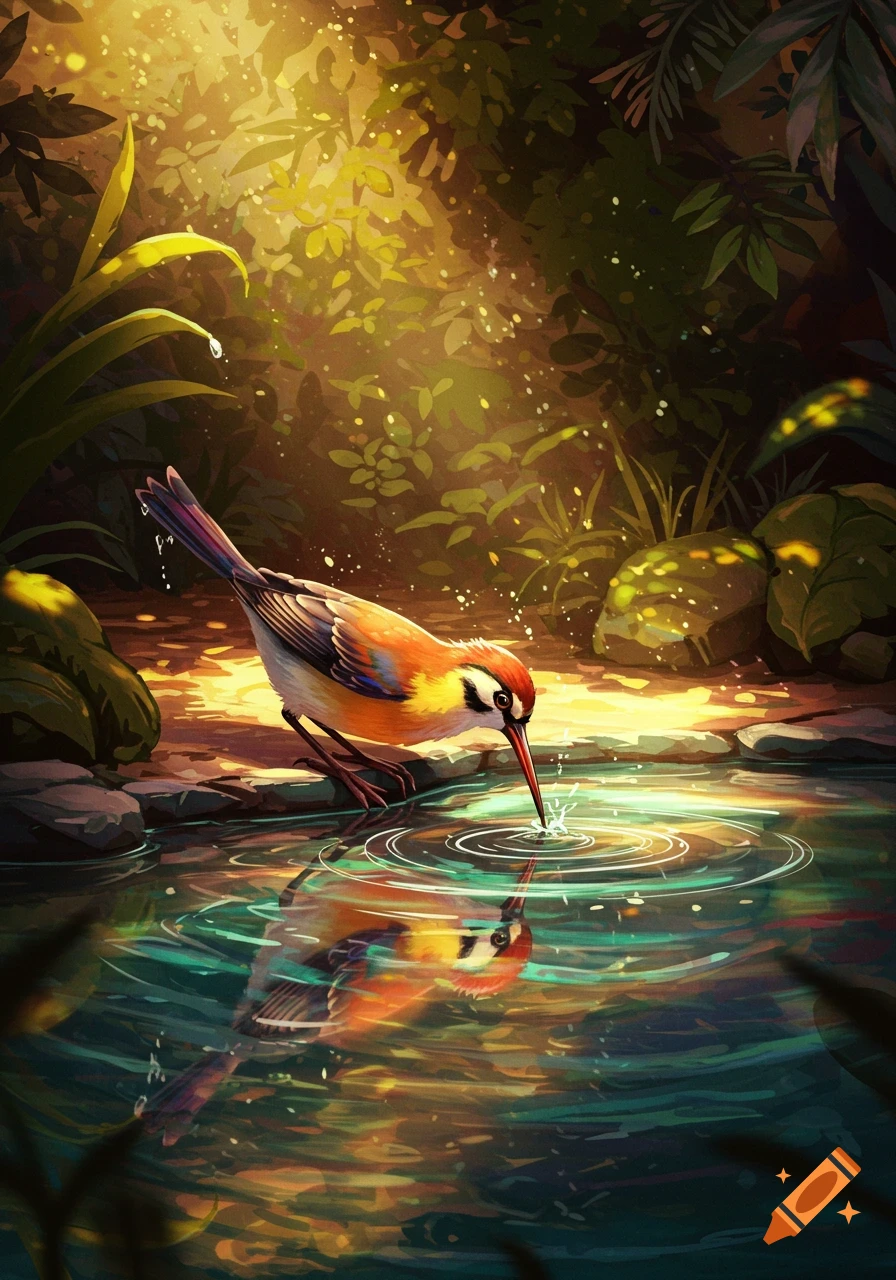 A colorful bird with a long beak drinks from a tranquil forest pool, its reflection visible in the sun-dappled water.