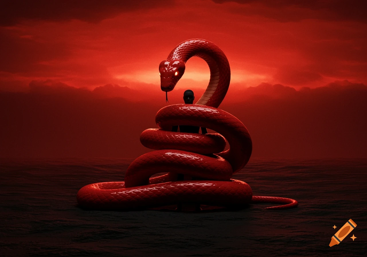 A giant red snake coils around a black figure in a landscape with a red sky and dark ground, rendered in a PS1-style.