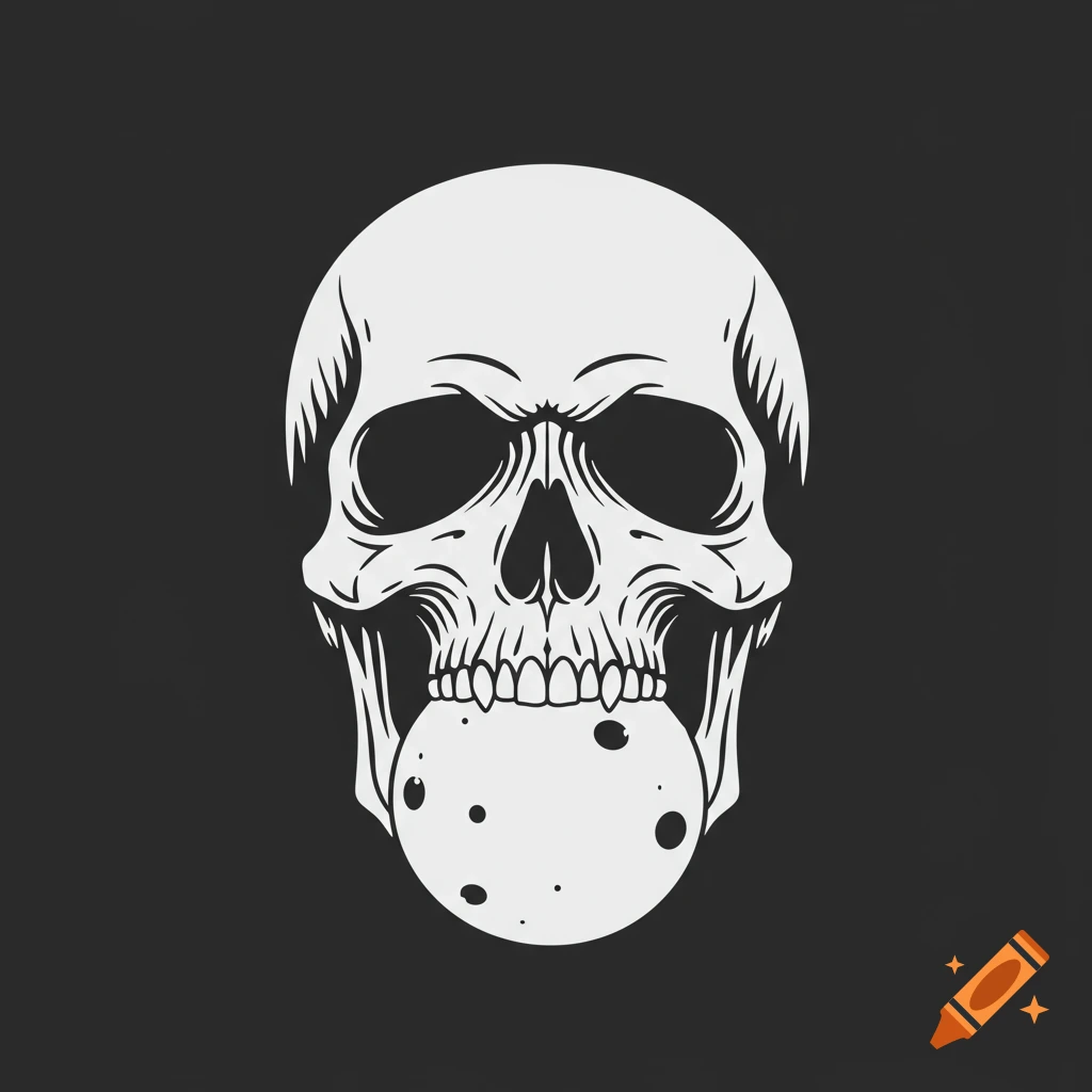 A stylized black and white illustration of a skull holding a cratered moon in its open mouth.