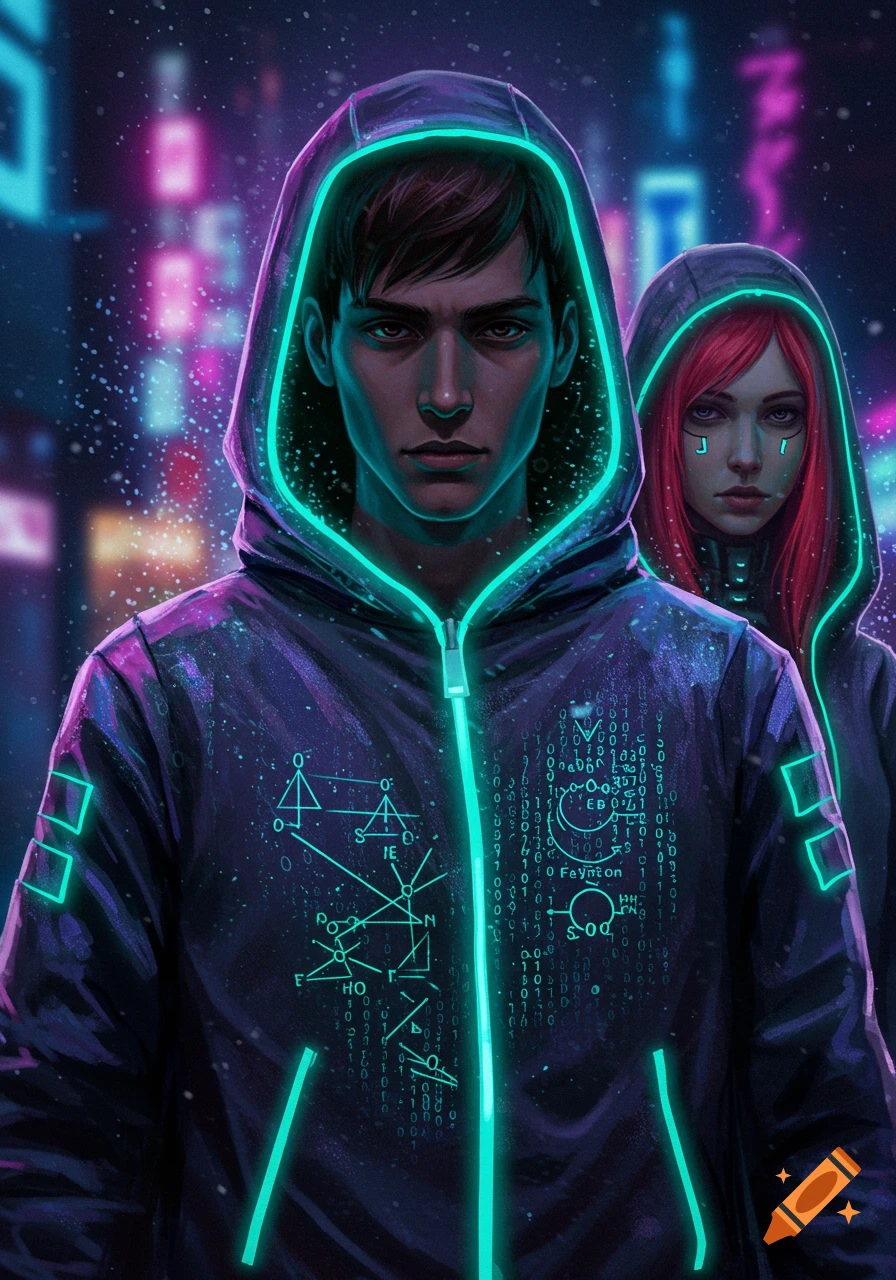 Digital art of a young man and woman in cyberpunk-style hoodies with neon green light accents and binary code patterns, against a neon-lit city background.