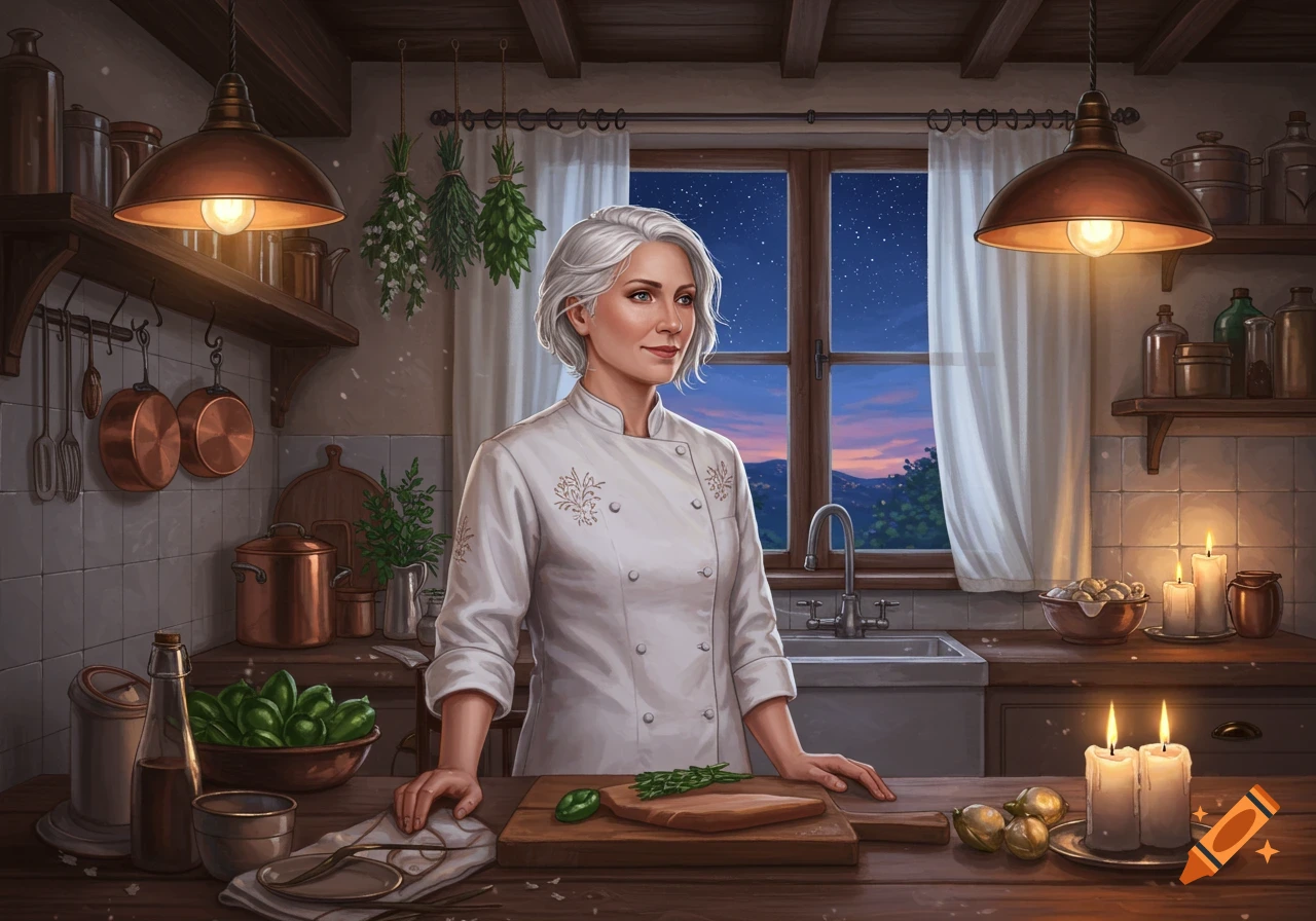A woman chef with white hair stands in a rustic kitchen at night, preparing food on a wooden counter.
