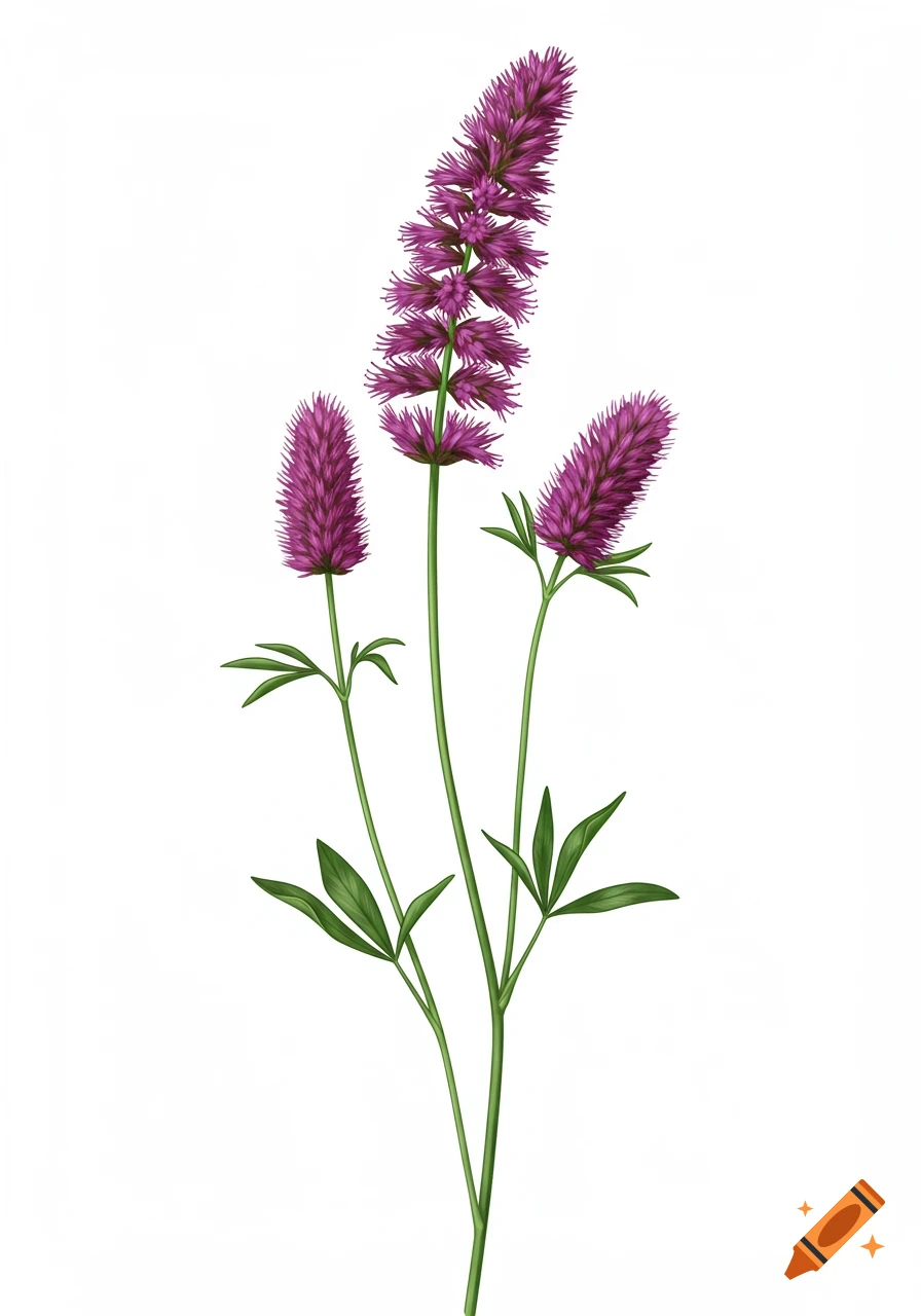 Botanical clip-art illustration of a purple Dalea Purpurea flower with green leaves on a white background.