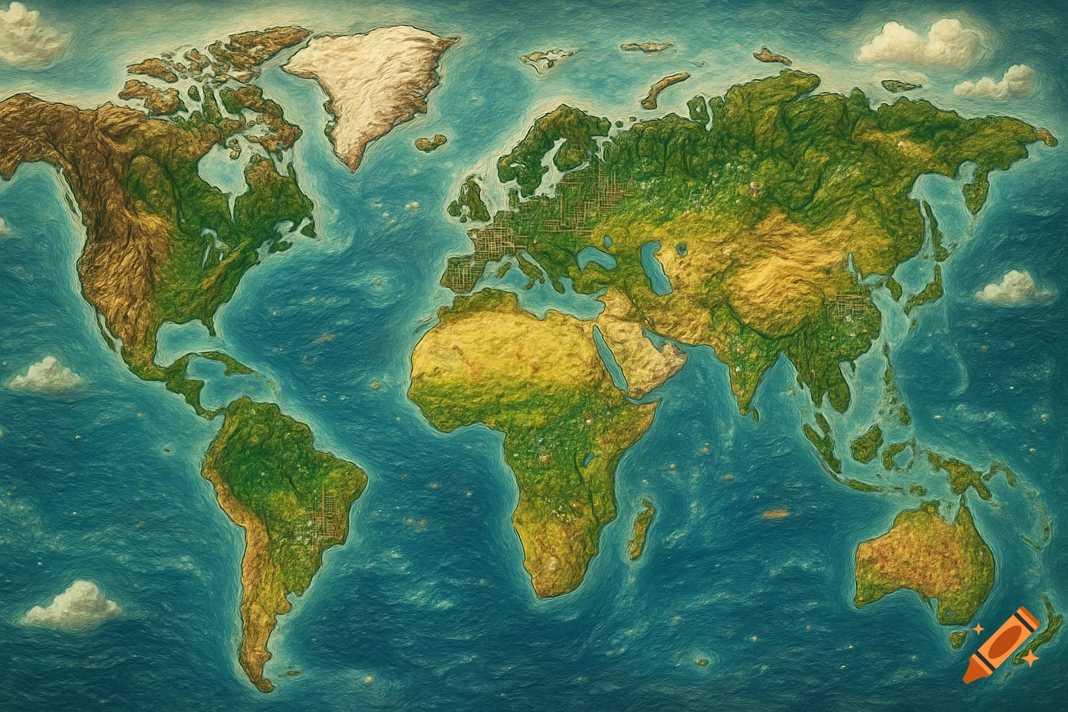 Stylized, textured world map with green and brown landmasses, blue oceans, and white clouds.
