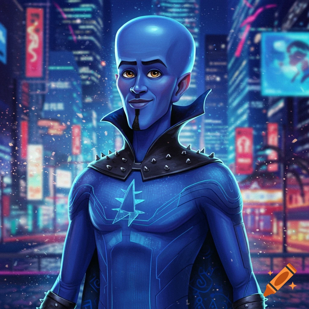 A blue-skinned man resembling Megamind, with a goatee and a spiked collar, stands in a futuristic cyberpunk city at night.
