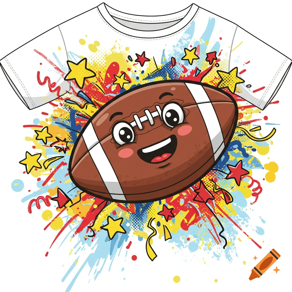A cartoon football with a smiling face on a white t-shirt design, surrounded by colorful paint splatters and stars.