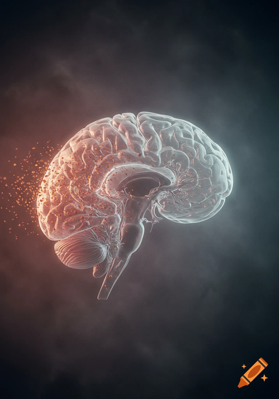 A translucent, detailed human brain with one side dissolving into orange-red particles, set against a dark, smoky background.