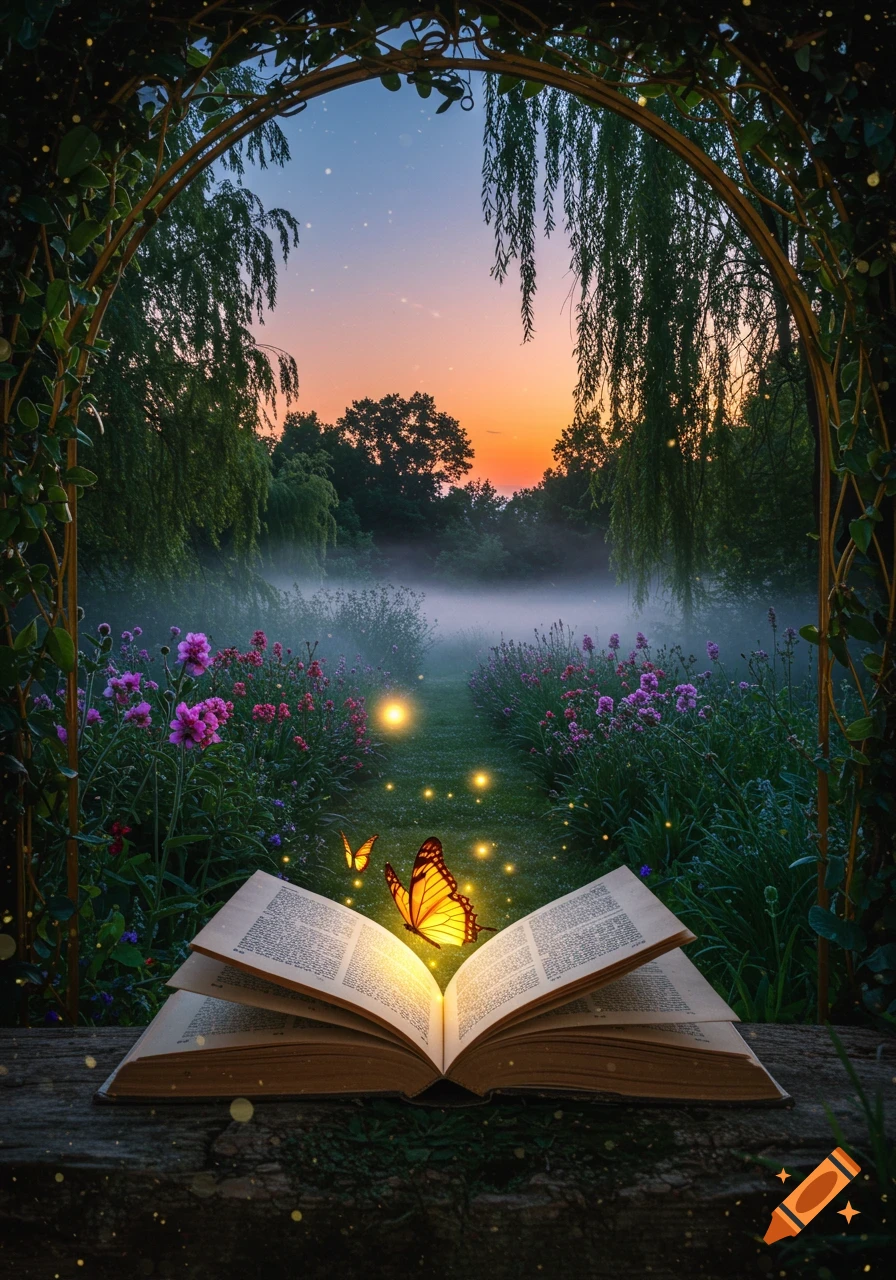 A magical open book on a wooden surface with glowing butterflies in a misty garden archway at sunset.