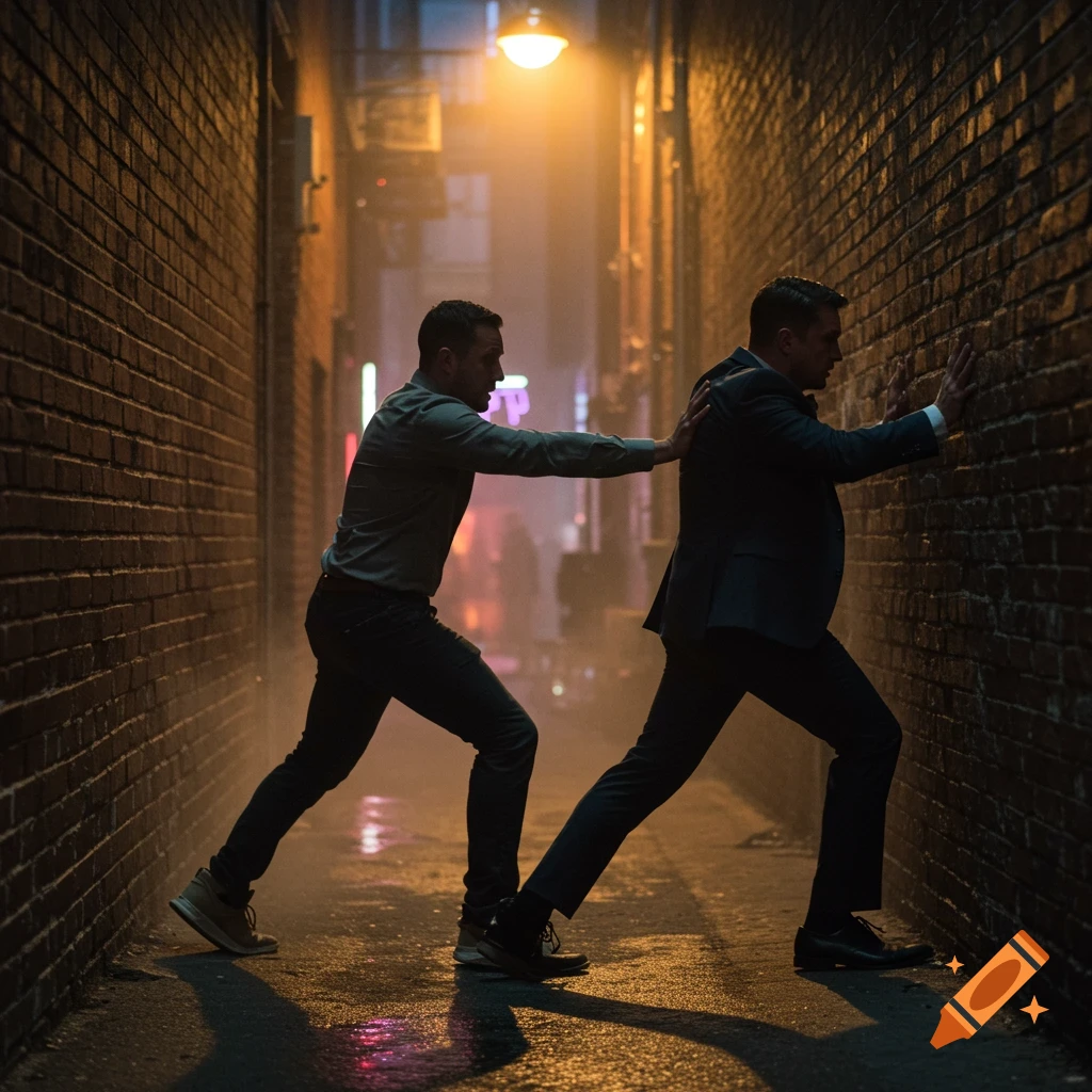 Two men in an alley; one in a shirt pushes another in a suit against a brick wall under a dim light, photorealistic.