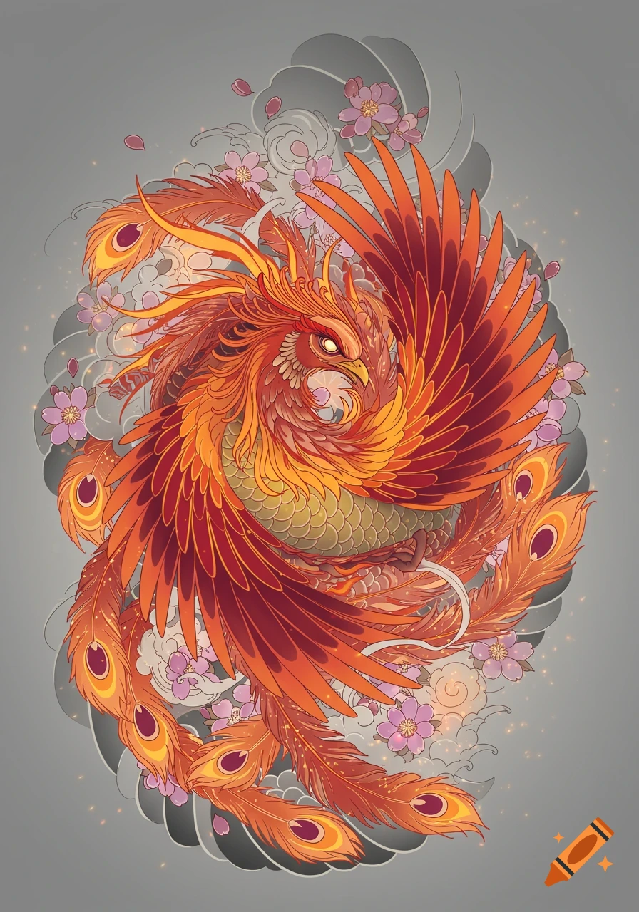 A vibrant orange and red phoenix in Japanese tattoo style, surrounded by grey clouds and pink cherry blossoms on a light grey background.