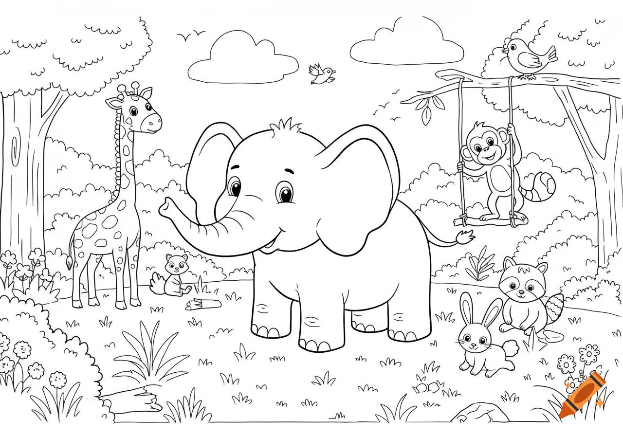 A black and white coloring book page featuring an elephant, giraffe, monkey, squirrel, raccoon, and rabbit in a forest scene.