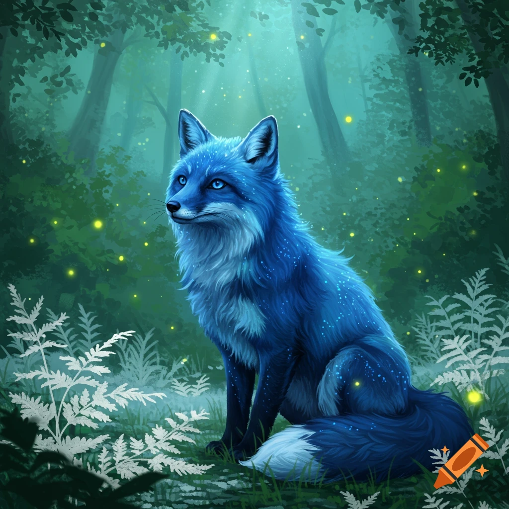 A blue fox with glowing fur sits in a mystical forest with glowing fireflies and light rays.