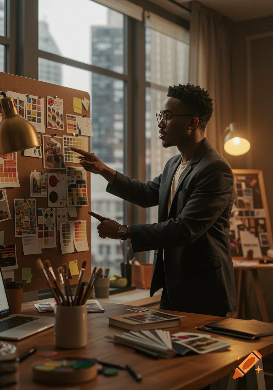 A male art director in glasses and a suit jacket points at a cork board with design elements in a warm office with a city view.