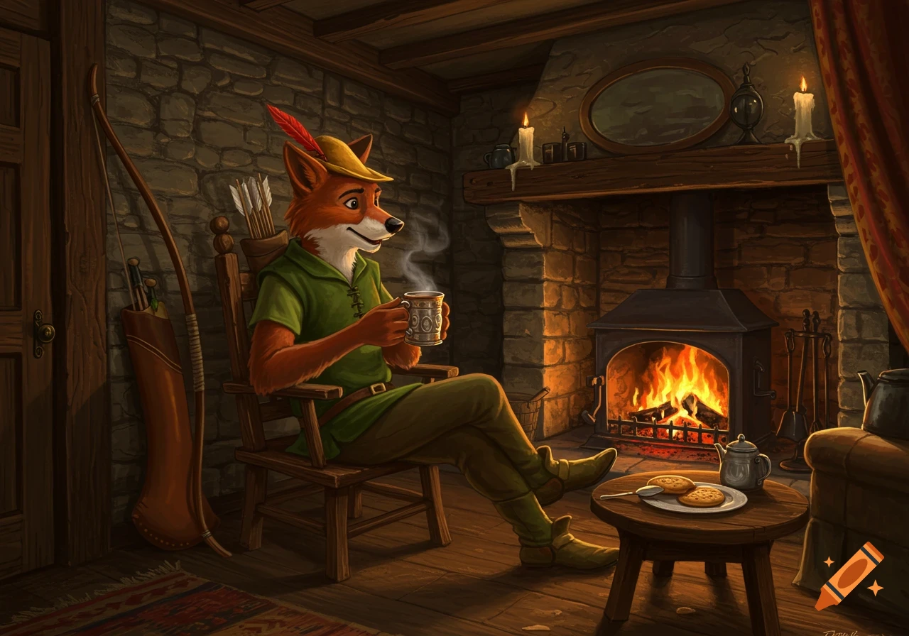 A fox character like Robin Hood sits in a cozy room by a fireplace, sipping from a mug, with biscuits nearby.